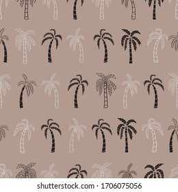 Vector pastel brown with black and white tropical coconut trees horizontal seamless pattern background