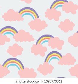 vector pastel, brown, blue, red, yellow rainbow  and light pink messy clouds seamless pattern on light gray background 
