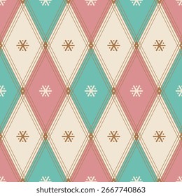 Vector Pastel Christmas Argyle Seamless Pattern with Snowflakes. Turquoise, White, Pink, Golden Colors Geometric Diamond Holiday Background
