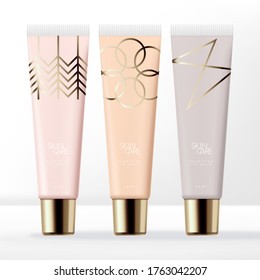 Vector Pastel Clear Lip Gloss Tube Packaging with Gold Screw Cap & Minimal Line Art Pattern