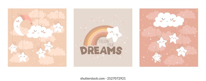 Vector pastel color illustrations set with cute hand drawn cartoon clouds, stars and lettering Follow Your Dreams isolated on white background. Design for poster print, card, nursery decoration