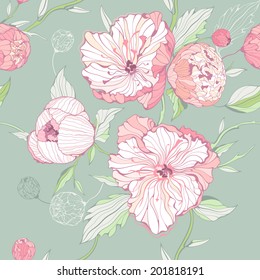Vector pastel colored background with gentle pink peony flowers