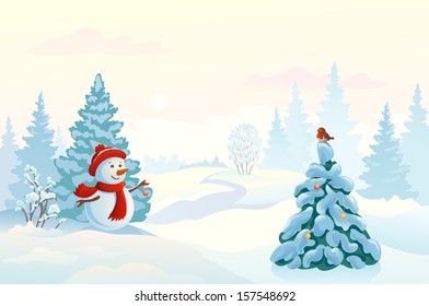 Vector pastel colored illustration of a cute snow man decorating a fir tree in a misty morning wood