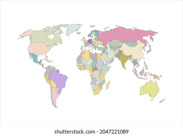 Vector Pastel Colored World Map, Political Map on White Background, Illustration Template, Decorative Banner.