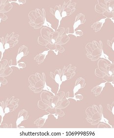 Vector Pastel Colorful Decorative Seamless Background Pattern with Drawn Flowers, Cherry Blossom, Branches. Hand Drawn Vector Illustration. Pattern Swatch.