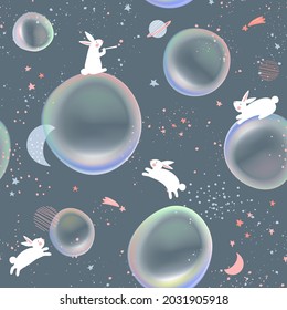 Vector Pastel Colors Bubbles and Rabbits in Outer Space Dream Seamless Pattern for Kid and Baby Fabric or Wrapping Paper Printing.	
