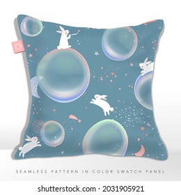 Vector Pastel Colors Bubbles and Rabbits in Outer Space Dream Pattern for Kid and Baby Fabric or Wrapping Paper Printing.	
