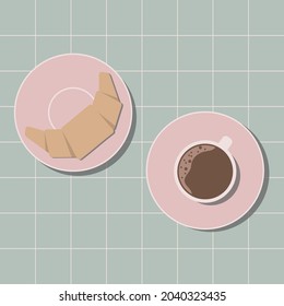 Vector pastel colors illustration with cup of coffee and croissant on pink saucers in soft green plaid background.