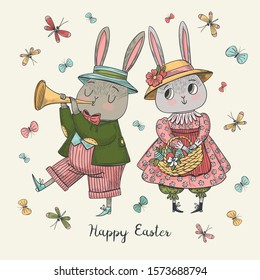 Vector pastel colors line hand drawing postcard with rabbit couple, girl hold a basket, boy playing trumpet  with butterflies on background. Easter coloring illustration