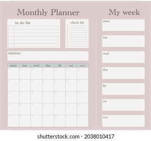 Vector pastel colors monthly planner with weekly planning, to do list, check list and memo.