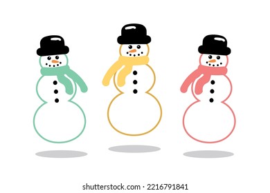 Vector Pastel Colors Snowman Set for New Year and Christmas graphic designs. Isolated Snowmen with pink  green and yellow Christmas hat, winter scarf and green colors Carrot nose and olives eyes.