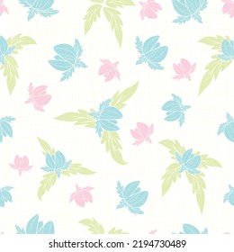 Vector pastel colourful flowers leaves ditsy on white pretty seamless pattern design. Great for fabric, textile, fashion allover print, covers, clothing, wrapping and more