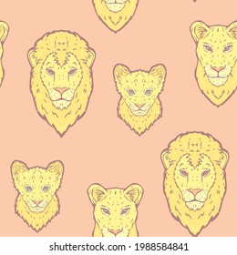 Vector Pastel Cute Lion Family on Coral seamless pattern background. Perfect for fabric, scrapbooking and wallpaper projects.