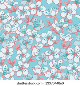 Vector pastel cyan background with light blue cherry blossom sakura flowers and red stems seamless pattern background.