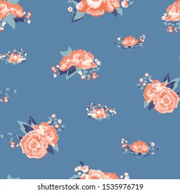 Vector Pastel Delicate Orange Roses on Blue seamless pattern background.