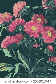 Vector pastel drawing of bouquet bright pink garden asters