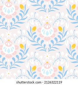 Vector Pastel Floral Folk Art Seamless Pattern