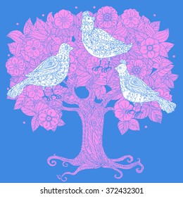 Vector Pastel Floral tree with birds. Perfect for invitations or announcements.