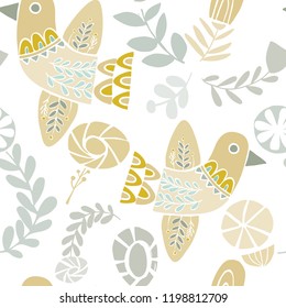 Vector pastel folkloric birds and flowers seamless pattern on a white background. Ideal for crafts, fabrics, wrapping paper, wallpaper