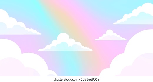 Vector pastel gentle cartoon light rainbow cloudy skyscape. Toon iridescent heavenly skies. Blurry sky