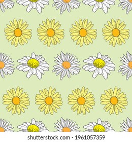 Flores de margarita de fondo verde pastel y flores silvestres. Fondo de patrón sin problemas