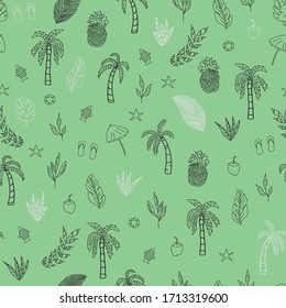 Vector pastel green with black and white tropical scene seamless pattern background