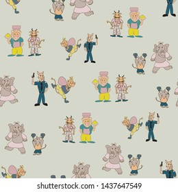 Vector pastel green fun anthropomorph cartoon characters in pair seamless pattern background