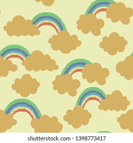 vector pastel, green, red, yellow blue rainbow and amber messy  clouds seamless pattern on light green  background 