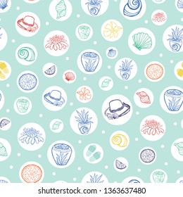 Vector pastel green tropical beach resort repeat pattern with circles. Suitable for gift wrap, textile and wallpaper. Surface pattern design.