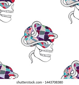 Vector pastel hand drawn illustration, skull with snake, tooth, silhouette face of human Print horror for t shirt Mexican style, day of the dead Mexico, halloween Sketch, doodle drawing.