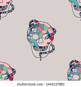 Vector pastel hand drawn seamless pattern illustration, skull with snake, tooth, silhouette face of human Print horror Mexican style, day of the dead Mexico, halloween Sketch, doodle drawing.