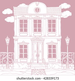Vector Pastel house Hand-drawn, retro, doodle, vector. The best for design, textiles, coloring book in vector. Perfect for invitations or announcements. violet