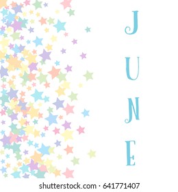 Vector pastel isolated confetti on white background pattern. Word june on white background. Background from stars confetti.
