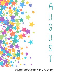 Vector pastel isolated confetti on white background pattern. Word August on white background. Background from stars confetti.