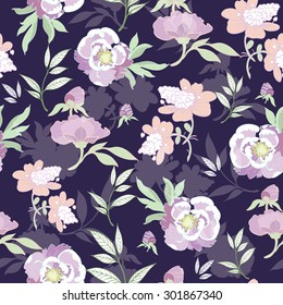 Vector Pastel Kimono Flowers on Black Seamless Pattern