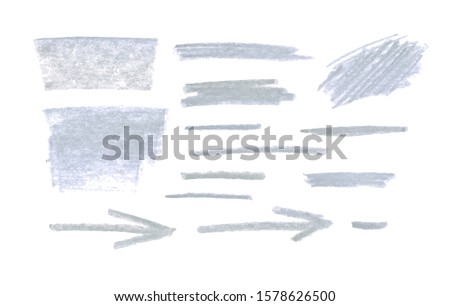 Vector pastel light blue strokes isolated on white background, abstarct doodling and arrows set, crayons drawings.