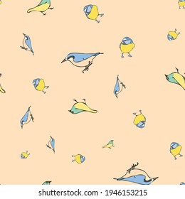 Vector pastel orange background blue red birds seamless pattern. Blue tit, Purple Finch, Seamless pattern background