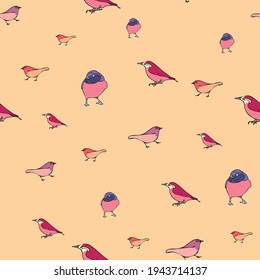Fondo de color naranja pastel vectorial varias aves rojas patrón sin fisuras. Purple Finch, fondo de patrón sin soldadura