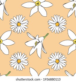 Vector pastel orange background white yellow lemony floral seamless pattern. Daisies, Lilies. Seamless pattern background