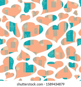 Vector pastel orange hearts anthropomorphic characters seamless pattern background