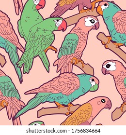 Vector Pastel Parrots Birds Seamless Pattern, Pink & Turquoise Themed Color.