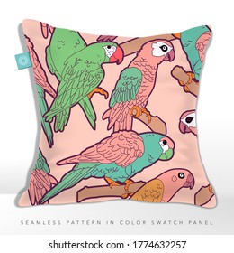 Vector Pastel Parrots Birds Seamless Fabric Pattern on Cushion, Pink & Turquoise Themed Color.