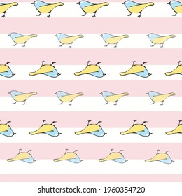 Vector pastel pink background birds silhouette seamless pattern. Blue tit, Purple Finch, Seamless pattern background
