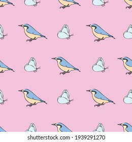 Vector pastel pink background blue birds butterfly seamless pattern. butterflies. Seamless pattern background