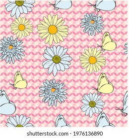 Vector pastel pink background daisy flowers, wild flowers and butterflies, insects. Seamless pattern background