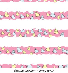 Vector pastel pink background daisy flowers, wild flowers and butterflies, insects. Seamless pattern background
