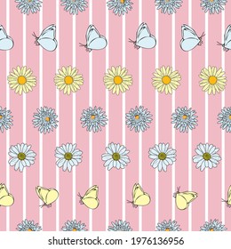 Vector pastel pink background daisy flowers, wild flowers and butterflies, insects. Seamless pattern background