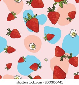 Vector pastel pink background garden strawberries, berry flowers, berries fruits. Seamless pattern background