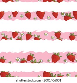 Vector pastel pink background garden strawberries, berry flowers, berries fruits. Seamless pattern background