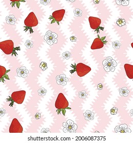 Vector pastel pink background garden strawberries, berry flowers, berries fruits. Seamless pattern background